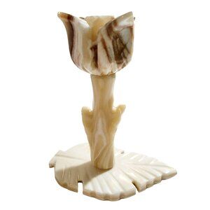 Vintage Beige and Brown Onyx Tulip Flower Candlestick Holder with Leaf Base